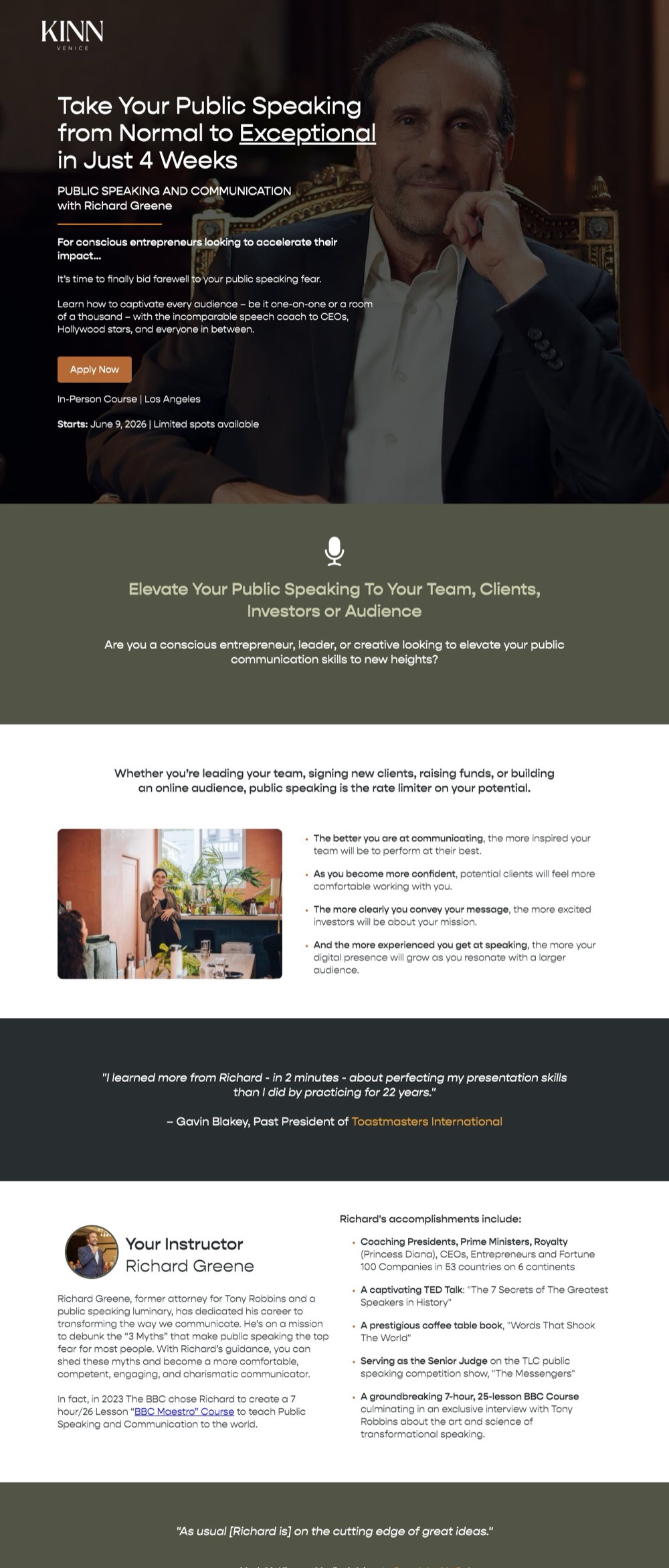 The KINN — Public Speaking Masterclass landing page